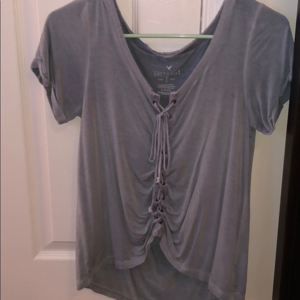 American eagle blue lace up t shirt